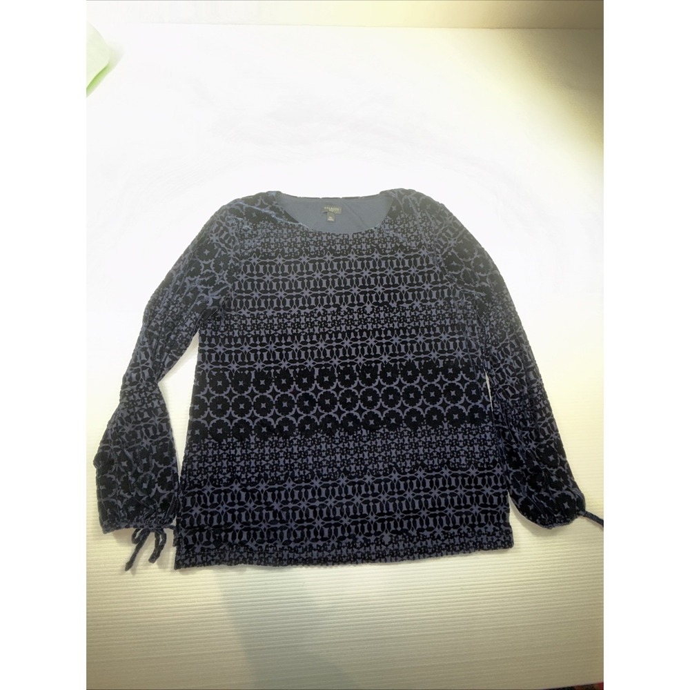 Talbots Women's Navy Blue Burnout Velvet‎ Blouse Size M Long Sleeve Damask